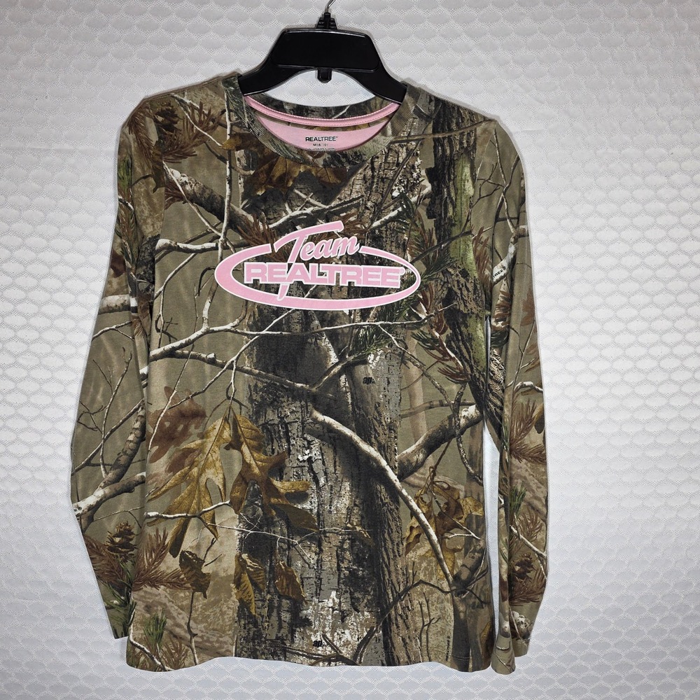 Team Realtree Womens Camo Long Sleeve Shirt Pink Logo Size M 8-10 Camouflage